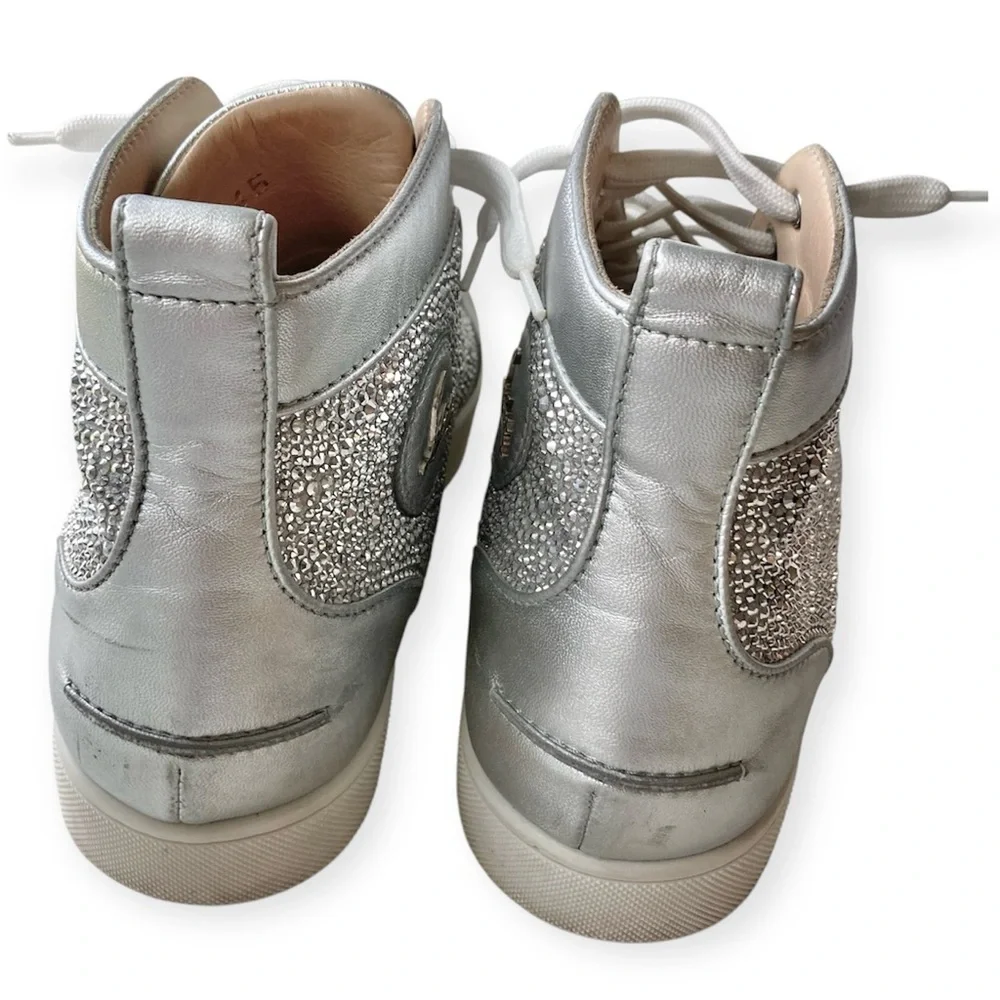 Mens Christian Louboutin Louis High Top Sneakers Silver Metallic Crystal Size 45